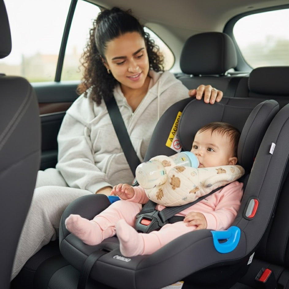 Woman securing a baby in a car seat inside a vehicle